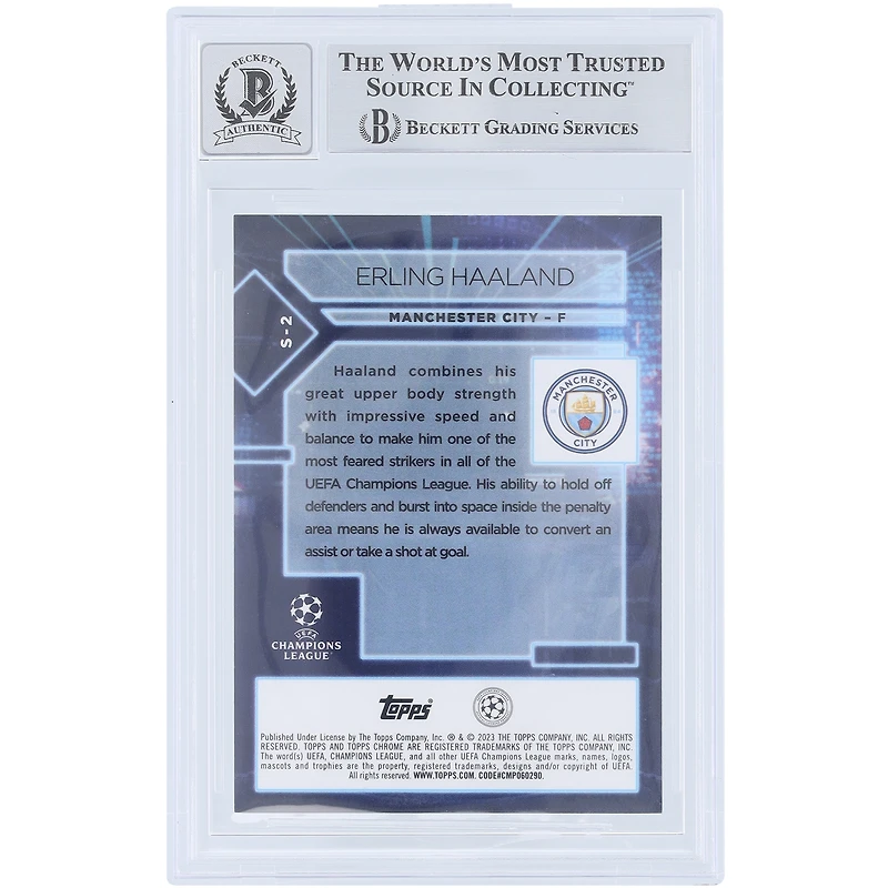 Carte autographiée d'Erling Haaland (Manchester City) Topps Chrome UEFA Specimens 2022-23, numéro S-2, authentifiée par Beckett Fanatics Witnessed (9/10).