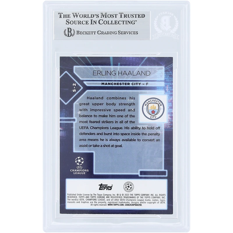 Carte authentifiée par Erling Haaland (Manchester City), autographiée, Topps Chrome UEFA Specimens 2022-23, n° S-2, Beckett Fanatics Witnessed