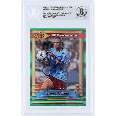 Carte authentifiée par Erling Haaland (Manchester City) Topps Finest Flashback UEFA n° 100, saison 2022-2023, signée par Fanatics Witnessed (Beckett).