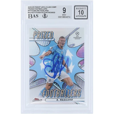 Carte dédicacée d'Erling Haaland (Manchester City) 2022-23 Topps Finest UEFA Prized Footballers #PF-15, authentifiée par Beckett Fanatics Witnessed (note 9/10).