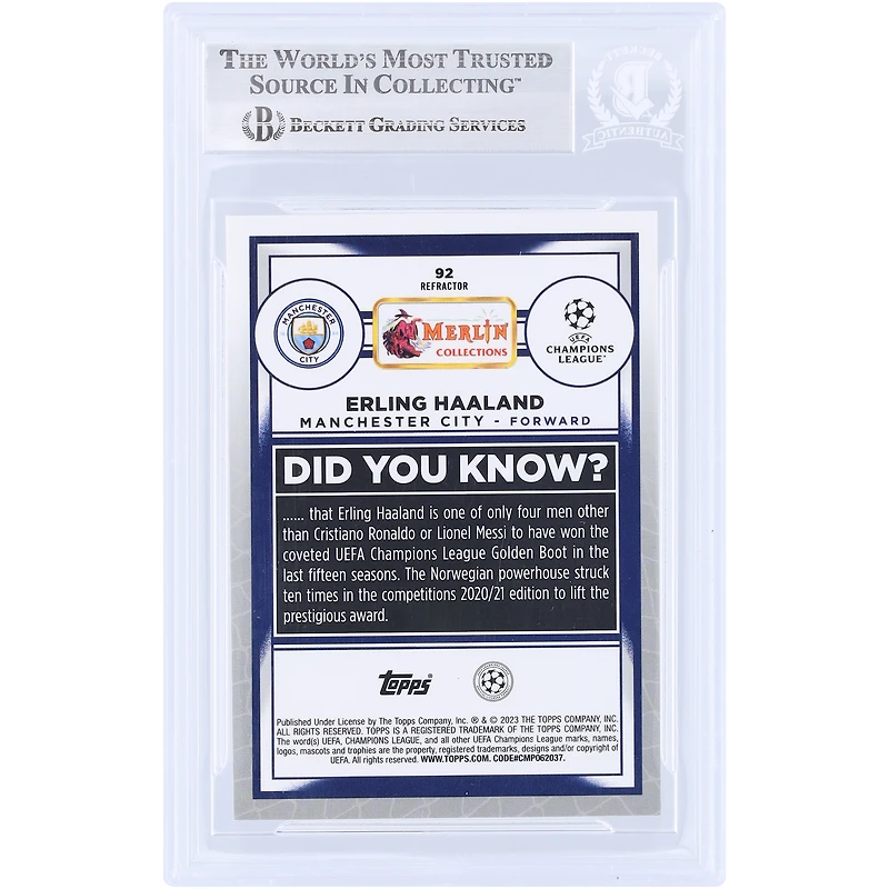 Carte authentifiée par Erling Haaland (Manchester City) - Topps Merlin UEFA Refractor 2022-23 n° 92, signée par Beckett Fanatics Witnessed