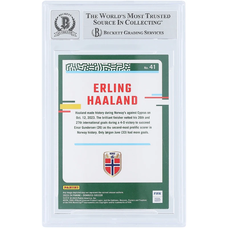 Carte Erling Haaland Manchester City autographiée Panini Donruss Silver 2023-24 n° 41, authentifiée par Beckett Fanatics Witnessed (n° 10).