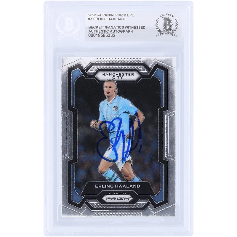 Carte authentifiée par Erling Haaland (Manchester City) - Saison 2023-2024 - Panini Prizm n° 3 - Authentifiée par Beckett Fanatics Witnessed