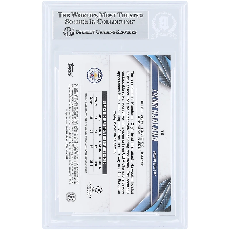 Carte authentifiée par Erling Haaland (Manchester City) Topps Chrome UEFA n° 39, saison 2023-2024, signée par Beckett Fanatics Witnessed