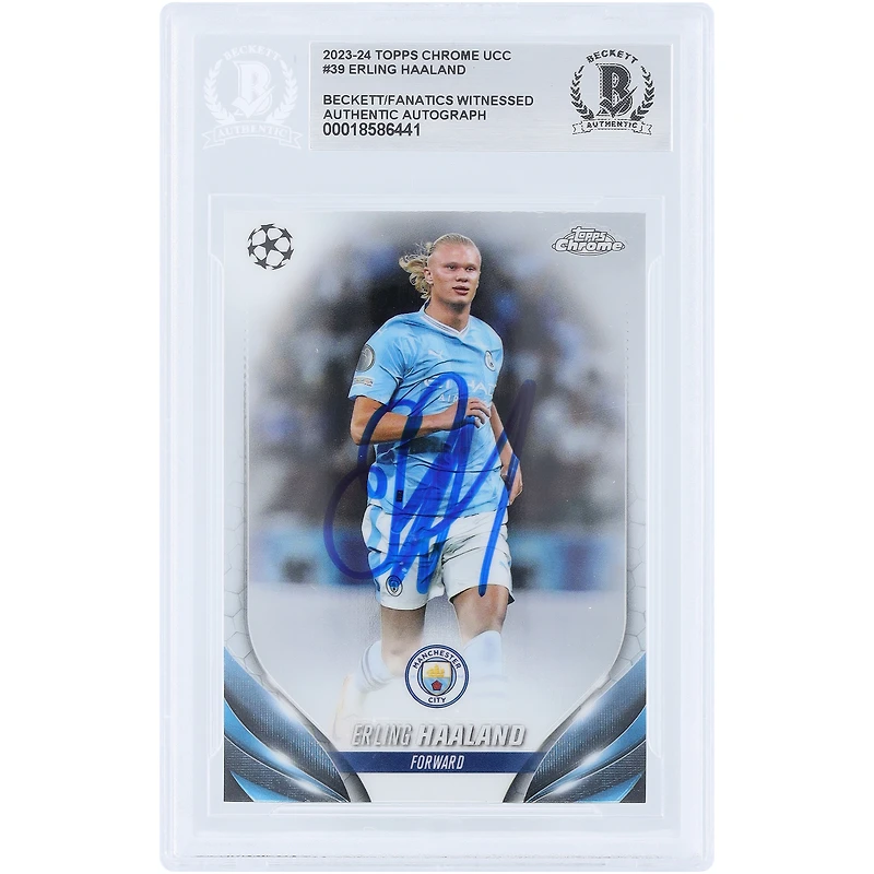 Carte authentifiée par Erling Haaland (Manchester City) Topps Chrome UEFA n° 39, saison 2023-2024, signée par Beckett Fanatics Witnessed