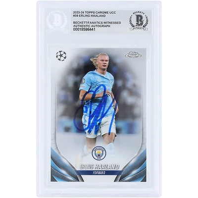 Carte authentifiée par Erling Haaland (Manchester City) Topps Chrome UEFA n° 39, saison 2023-2024, signée par Beckett Fanatics Witnessed