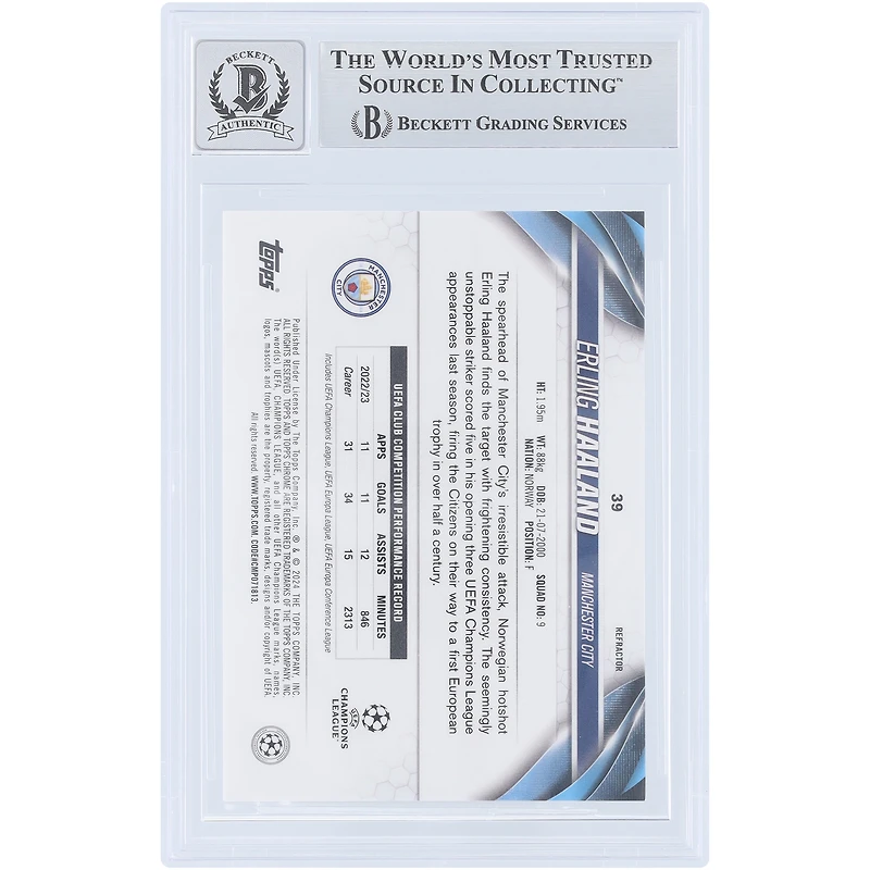 Erling Haaland Manchester City Autographed 2023-24 Topps Chrome UEFA Refractor #39 Beckett Fanatics Witnessed Authenticated 9/10 Card