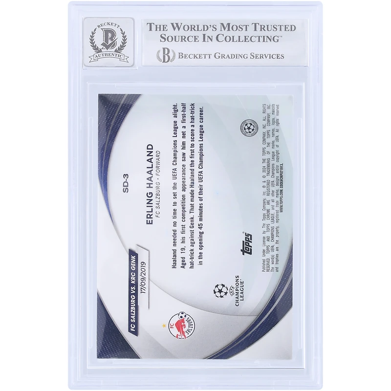 Carte dédicacée d'Erling Haaland (Manchester City) Topps Chrome UEFA Starball Debuts 2023-24 #SD-3, authentifiée par Beckett Fanatics Witnessed (note 9/10).