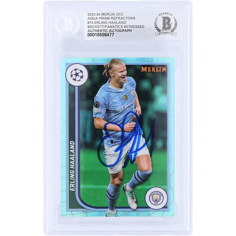 Erling Haaland Manchester City Autographed 2023-24 Topps Merlin UEFA Aqua Prizm Refractor #73 Beckett Fanatics Witnessed Authenticated Card