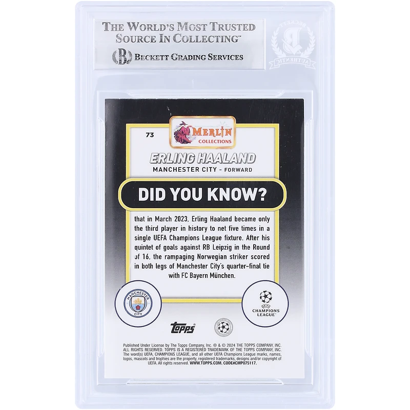 Erling Haaland Manchester City Autographed 2023-24 Topps Merlin UEFA Aqua Prizm Refractor #73 Beckett Fanatics Witnessed Authenticated Card