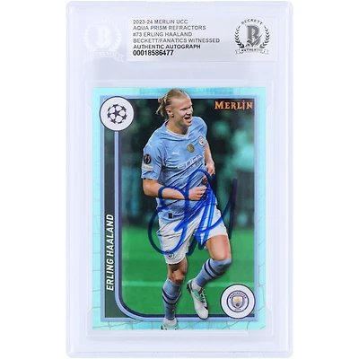 Erling Haaland Manchester City Autographed 2023-24 Topps Merlin UEFA Aqua Prizm Refractor #73 Beckett Fanatics Witnessed Authenticated Card