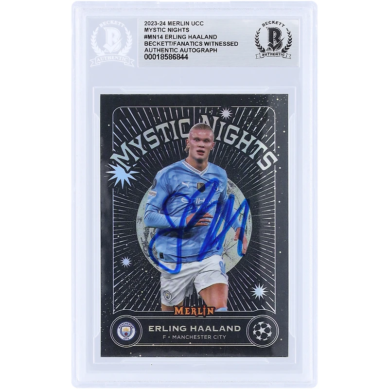 Carte authentifiée par Erling Haaland (Manchester City) Topps Merlin UEFA Mystic Nights 2023-24 #MN-14, signée par Beckett Fanatics Witnessed