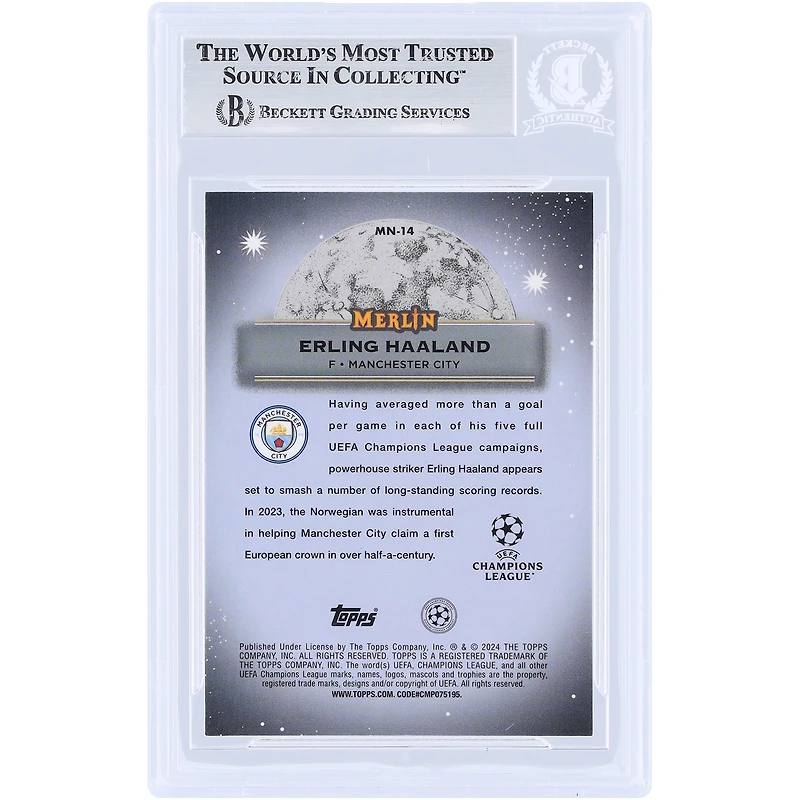 Carte authentifiée par Erling Haaland (Manchester City) Topps Merlin UEFA Mystic Nights 2023-24 #MN-14, signée par Beckett Fanatics Witnessed