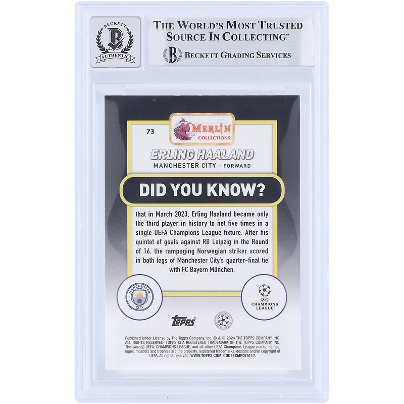 Carte dédicacée d'Erling Haaland (Manchester City) Topps Merlin UEFA 2023-24 n° 73, authentifiée par Beckett Fanatics Witnessed (9/10).