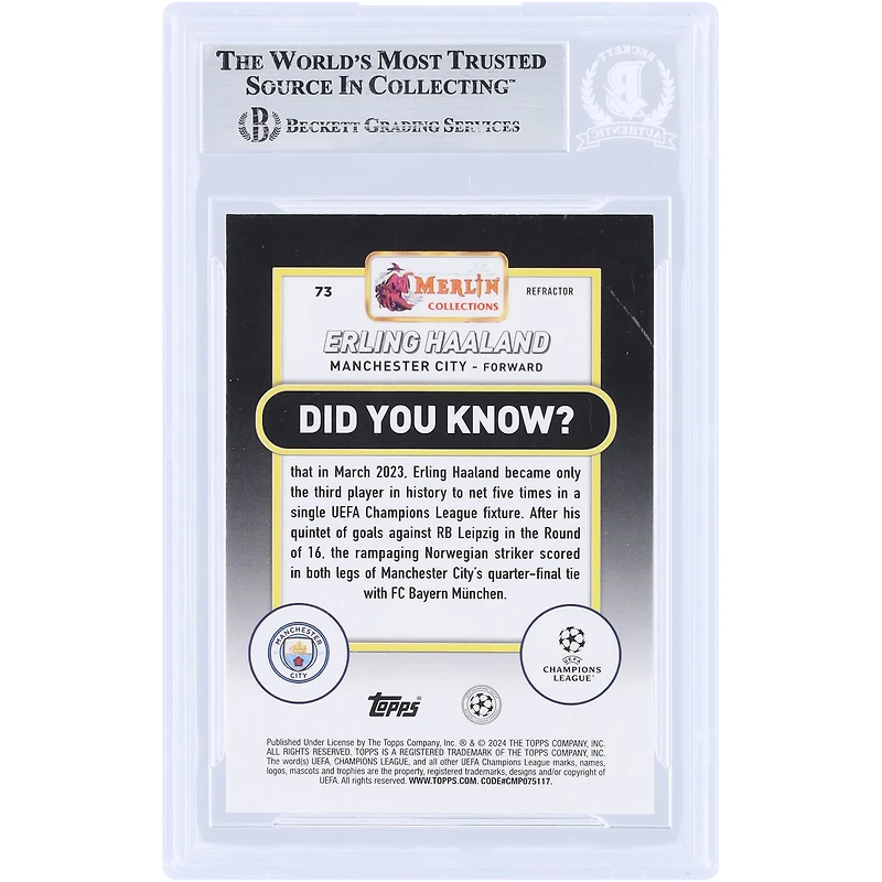 Erling Haaland Manchester City Autographed 2023-24 Topps Merlin UEFA Refractor #73 Beckett Fanatics Witnessed Authenticated Card