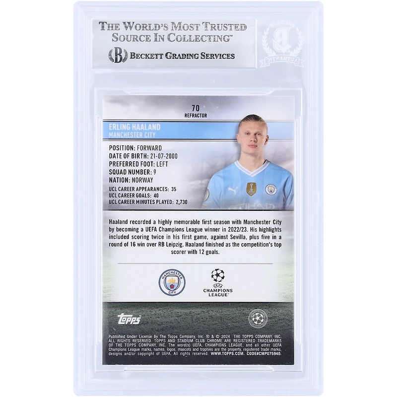 Erling Haaland Manchester City Autographed 2023-24 Topps Stadium Club Chrome Refractor #70 Beckett Fanatics Witnessed Authenticated Card
