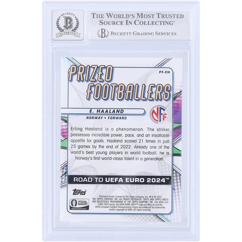 Carte dédicacée d'Erling Haaland (Manchester City) - Collection Topps Finest Road To UEFA Euro 2023 - Joueurs de renom - Numéro PF-EH - Authentifiée par Beckett Fanatics Witnessed (note 9/10)
