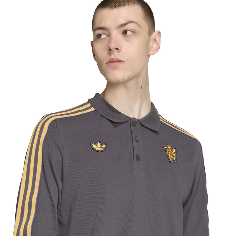 Men's adidas  Gray Manchester United Terrace Icons Long Sleeve Polo