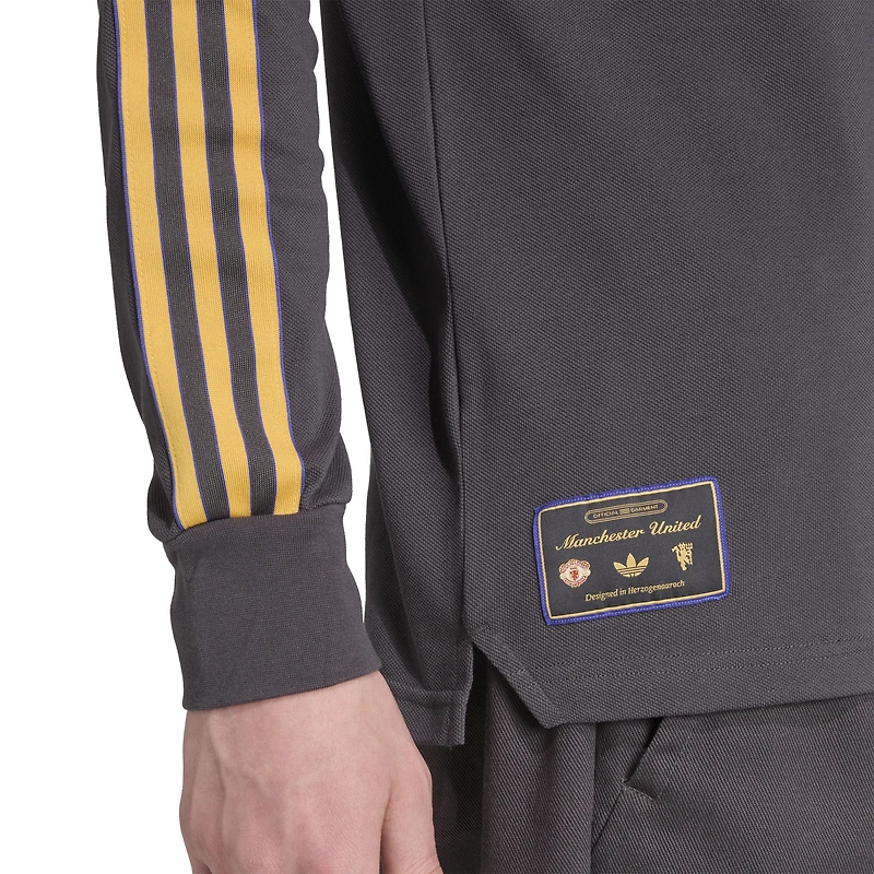 Men's adidas  Gray Manchester United Terrace Icons Long Sleeve Polo