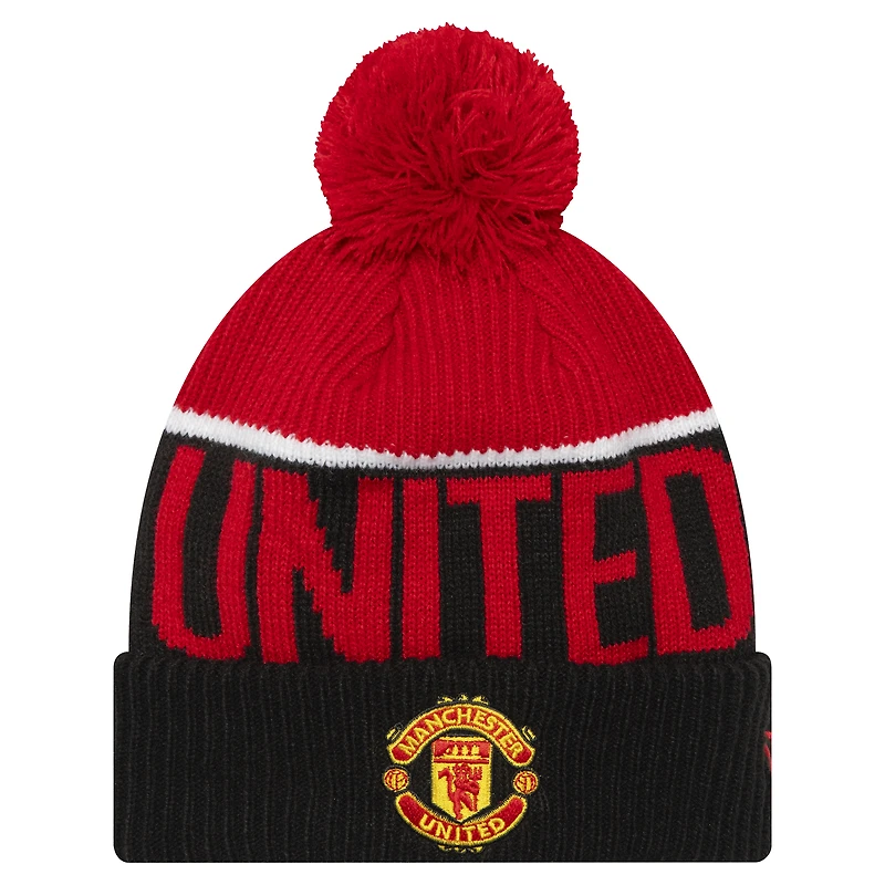 Bonnet en tricot à revers Manchester United Sport New Era noir pour hommes avec pompon