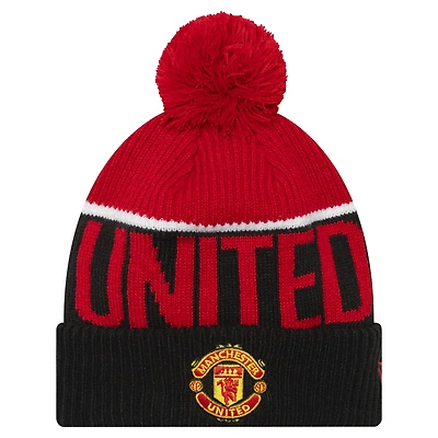 Bonnet en tricot à revers Manchester United Sport New Era noir pour hommes avec pompon