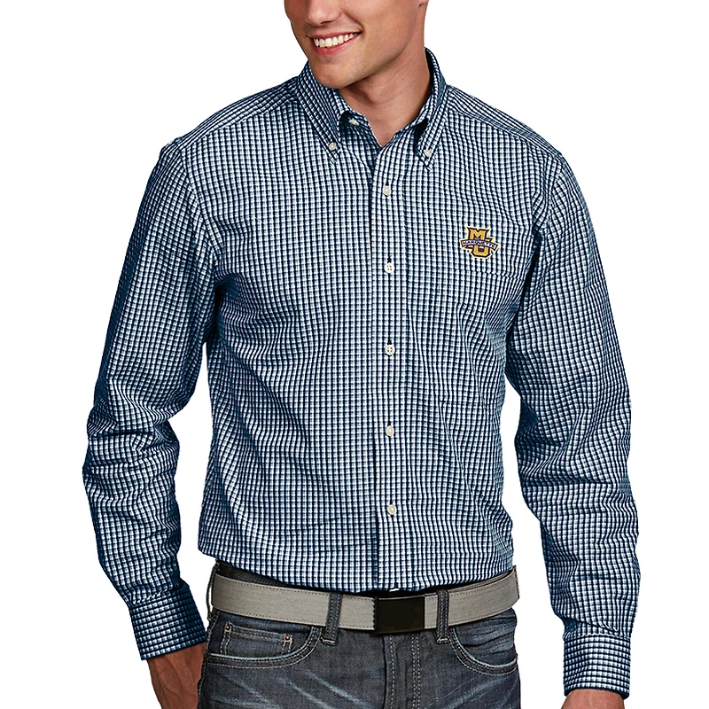 Men's Antigua Navy Marquette Golden Eagles Associate Woven Long Sleeve Button-Down Shirt