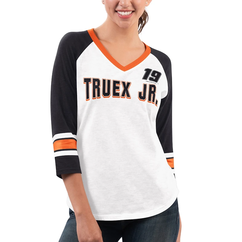 T-shirt à col en V manches 3/4 Martin Truex Jr Top Team G-III 4Her by Carl Banks pour femmes, blanc/noir