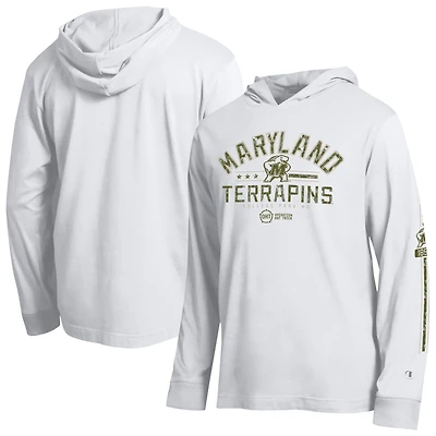 T-shirt à manches longues capuche Champion White Maryland Terrapins Operation Hat Trick pour homme
