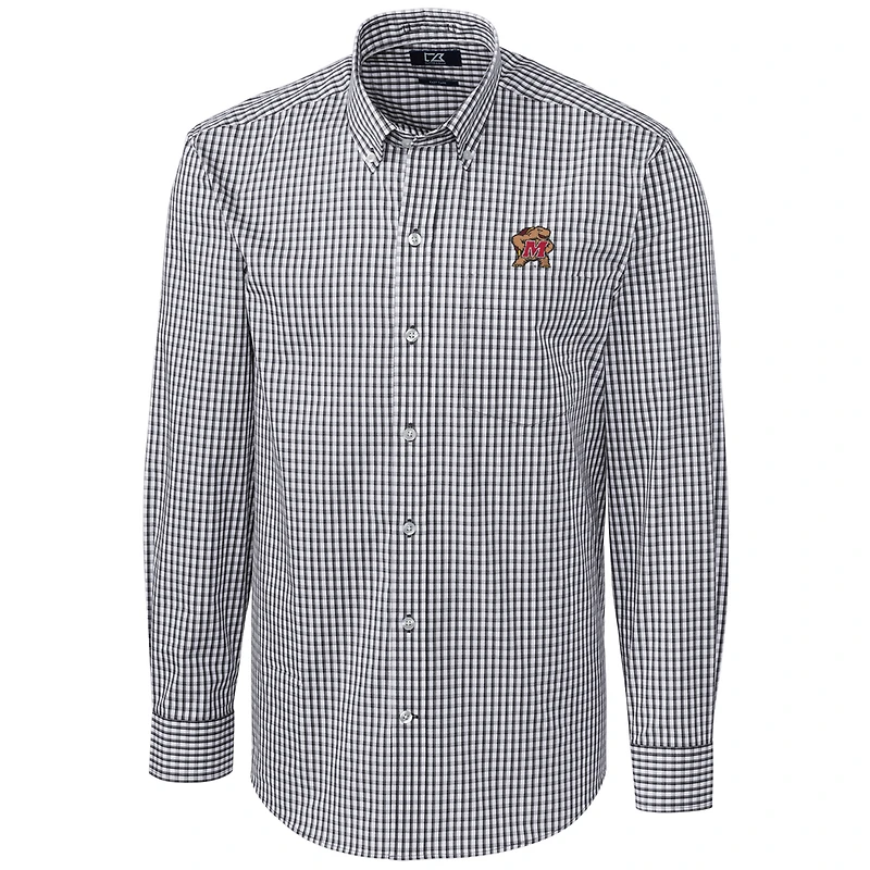 Men's Cutter & Buck Charcoal Maryland Terrapins Big Tall Stretch Gingham Long Sleeve Button Down Shirt
