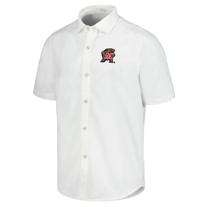 Men's Tommy Bahama White Maryland Terrapins Coconut Point Palm Vista IslandZone Camp Button-Up Shirt