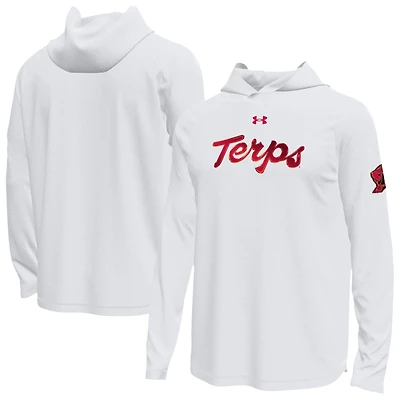 T-shirt à capuche manches longues Under Armour blanc Maryland Terrapins pour homme, technique extensible et irisé