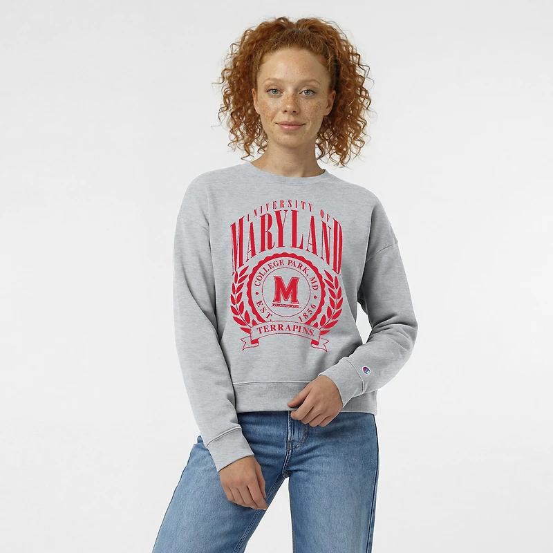Women's Champion Heather Gray Maryland Terrapins Academic Crest Powerblend Crewneck Sweatshirt