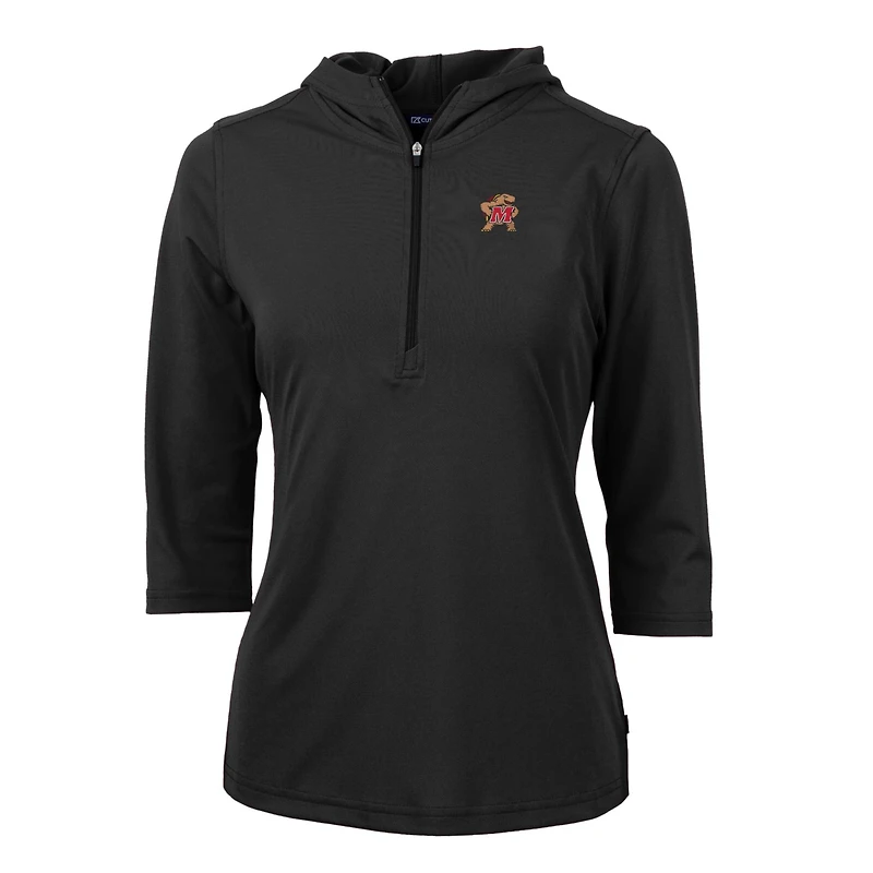 Women's Cutter & Buck Black Maryland Terrapins Virtue Eco Pique Half-Zip 3/4 Sleeve Pullover Hoodie