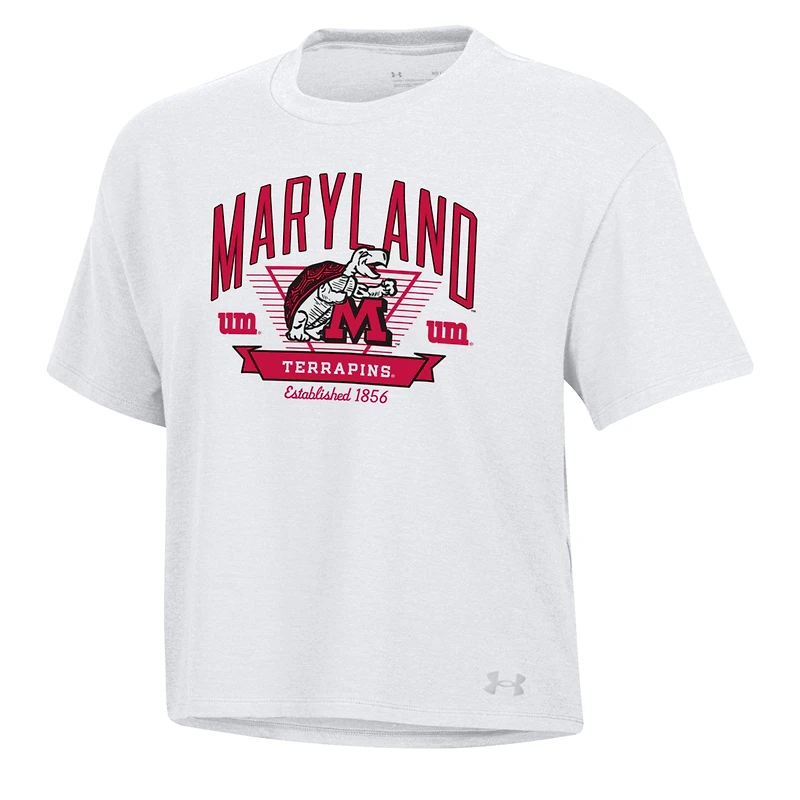 Women's Under Armour White Maryland Terrapins Essentials Icon Ultra-Soft Tri-Blend Boxy Cropped T-Shirt