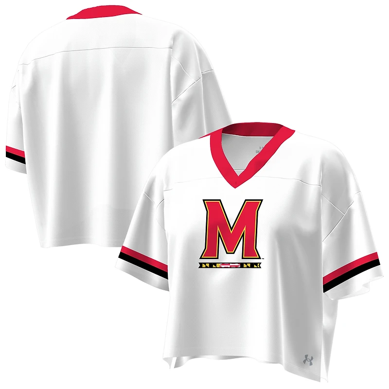 T-shirt court à col en V et coupe boxy pour femme Under Armour Maryland Terrapins blanc