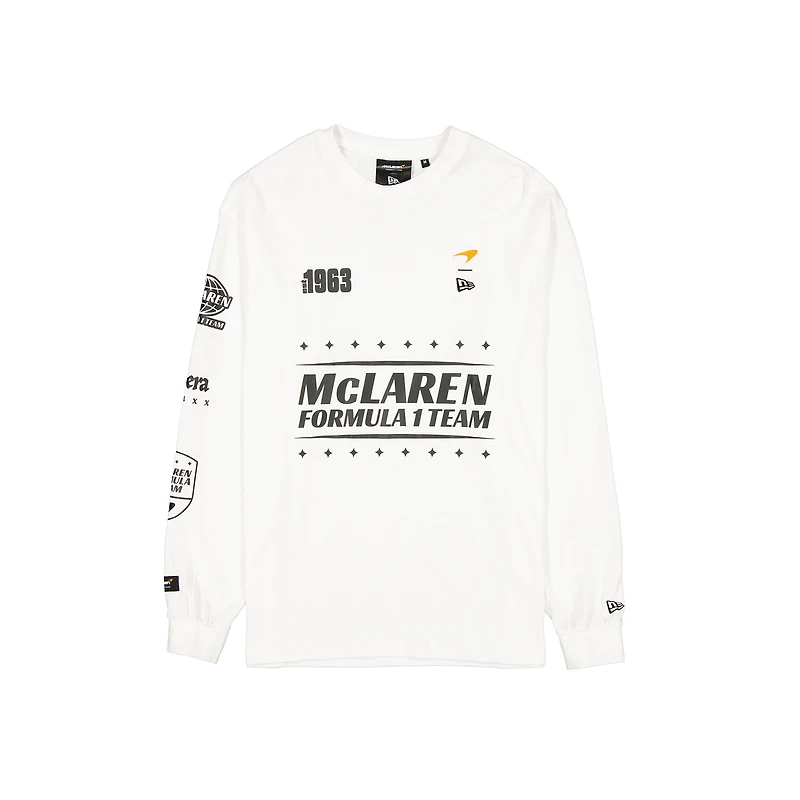 T-shirt oversize à manches longues pour homme New Era blanc délavé McLaren F1 Team