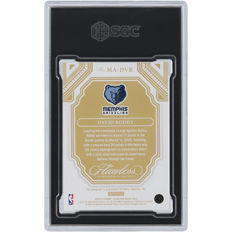 Carte de recrue autographiée Panini Flawless Momentous Gold 2022-23 #MA-DVR #4/10 SGC 8,5/10 authentifiée par David Roddy Memphis Grizzlies