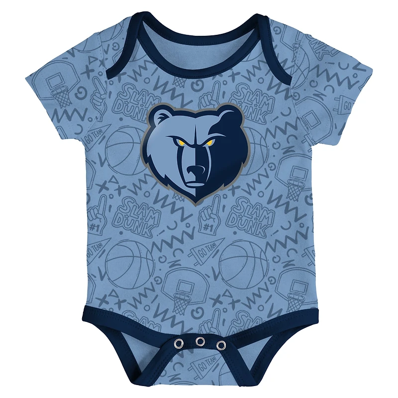 Infant Navy/Light Blue/Gray Memphis Grizzlies Slam Dunk 3-Piece Bodysuit Set