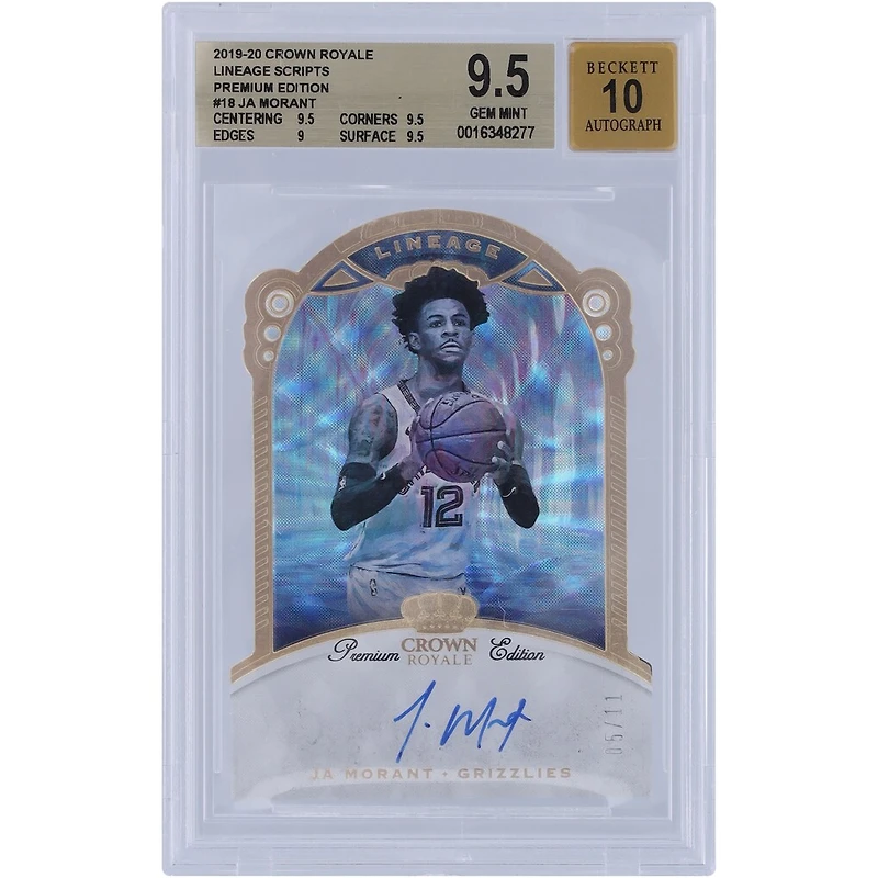 Ja Morant Memphis Grizzlies Autographed 2019-20 Panini Crown Royale Lineage Scripts #NL-JMT #5/11 BGS Authenticated 9.5/10 Rookie Card - 9.5,9.5,9,9.5 Subgrades