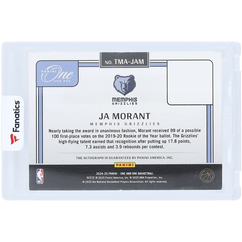 Carte autographiée de Ja Morant (Memphis Grizzlies) 2024-25 Panini One & One Timeless Moments Rookie of the Year #TMA-JAM #15/49