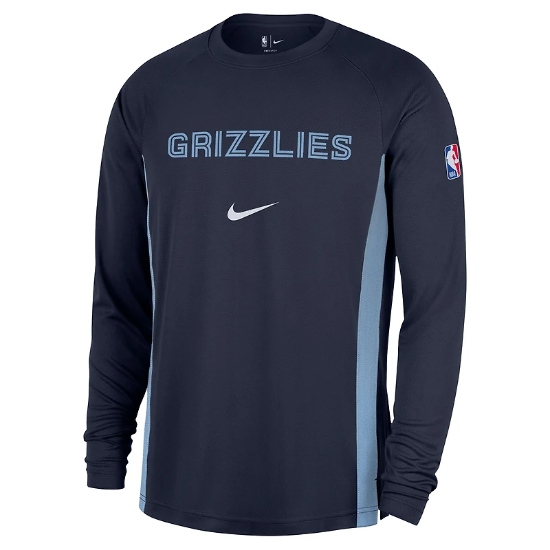 Maillot de tir Nike bleu marine Memphis Grizzlies 2025/26 Authentic Pre-Game Legend Dri-FIT à manches longues pour homme