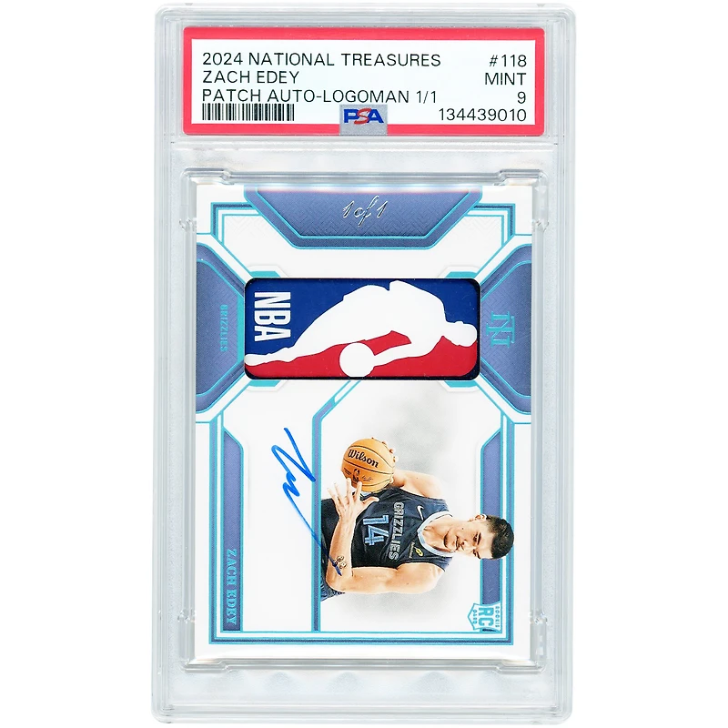 Carte de recrue autographiée de Zach Edey (Memphis Grizzlies) 2024-25 Panini National Treasures Logoman Relic RPA #118 #1/1 authentifiée PSA 9
