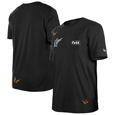 Men's New Era x Felt Black Florida Marlins Cooperstown Collection T-Shirt