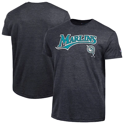 T-shirt Champion noir pour homme Florida Marlins Cooperstown Wordmark Lockup Tri-Blend
