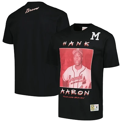 T-shirt avec logo vintage pour hommes Mitchell & Ness Hank Aaron noir Milwaukee Braves Cooperstown Collection Heavyweight Premium Player