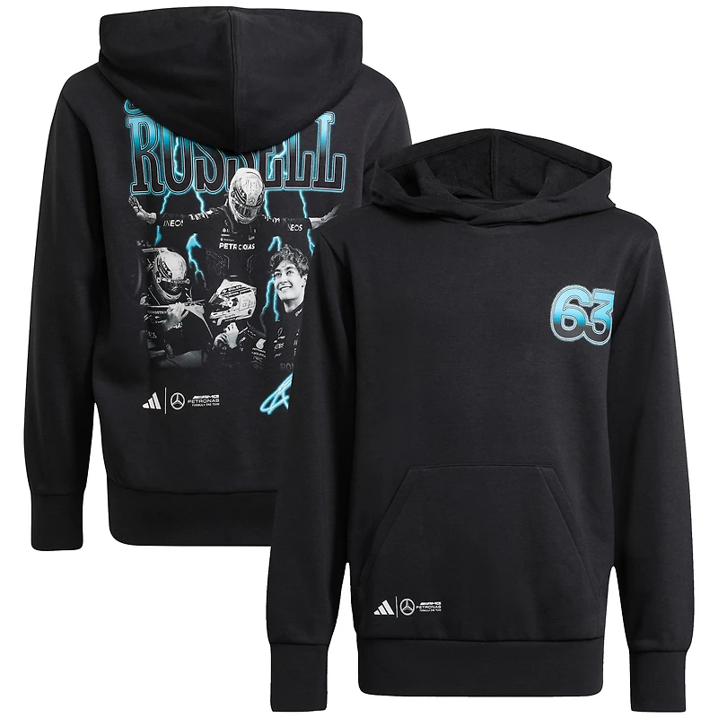 Sweat à capuche graphique adidas George Russell noir pour enfant, aux couleurs de l'écurie Mercedes-AMG Petronas F1.