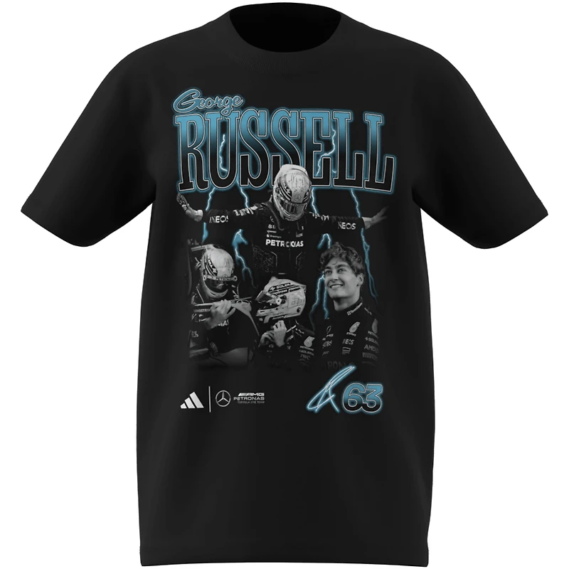 T-shirt graphique adidas George Russell noir pour enfant, pilote de l'écurie Mercedes-AMG Petronas F1