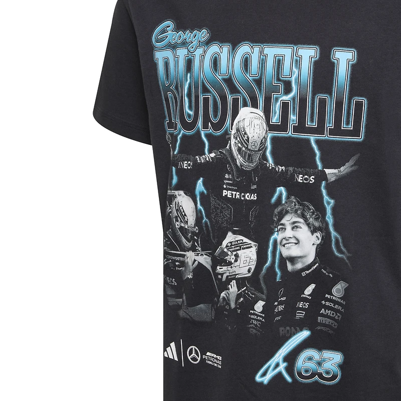 T-shirt graphique adidas George Russell noir pour enfant, pilote de l'écurie Mercedes-AMG Petronas F1