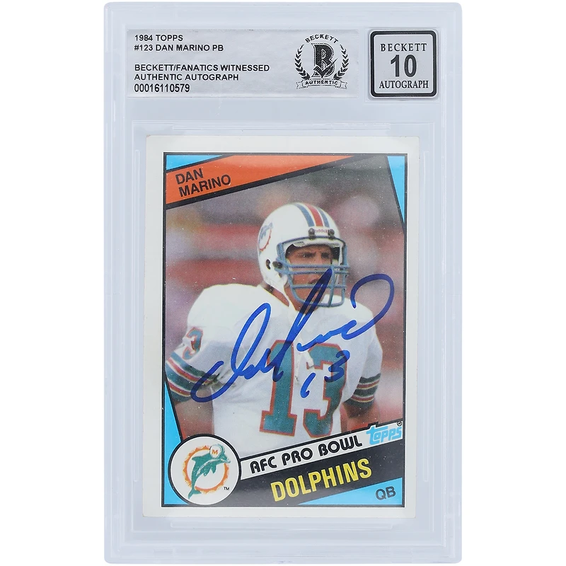 Carte de recrue 10 authentifiée Topps #123 Beckett de 1984 autographiée par Dan Marino Miami Dolphins