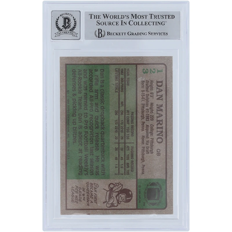Dan Marino Miami Dolphins Autographed 1984 Topps #123 Beckett Fanatics Witnessed Authenticated 7/10 Rookie Card